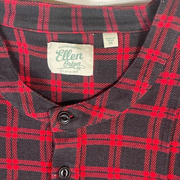 Ellen Orton 2X Plaid Cotton Henley Tunic Red Black Long Sleeve Pockets Cozy Top - Picture 2 of 11